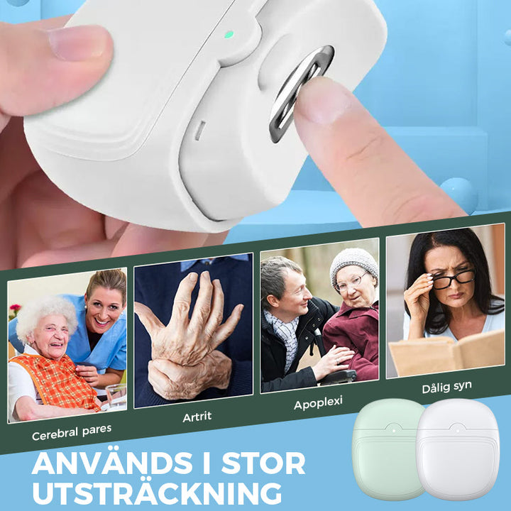 "Vit och grön elektrisk nagelklippare, smart design med ergonomisk grepp och inbyggd nagelspånssamlare."