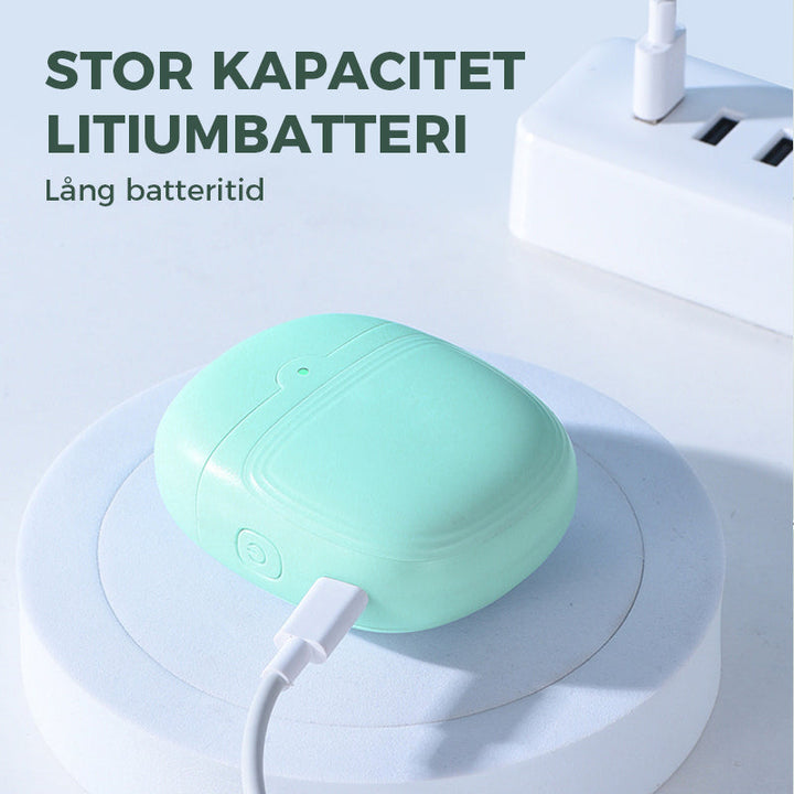 "Vit och grön elektrisk nagelklippare, smart design med ergonomisk grepp och inbyggd nagelspånssamlare."