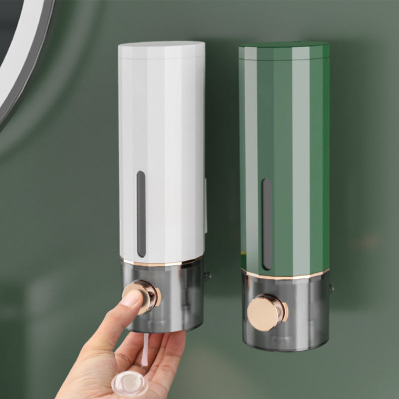 "Vit och mörkgrön väggmonterad tvålpump för dusch, elegant design med transparent sektion, 450 ml kapacitet, 22x6,5 cm."