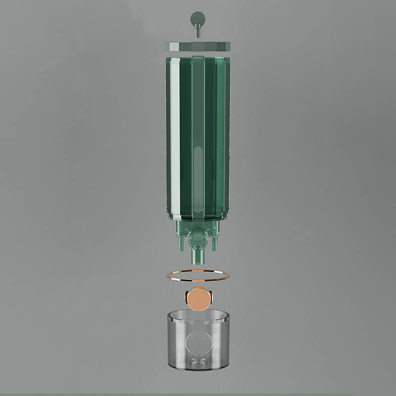"Vit och mörkgrön väggmonterad tvålpump för dusch, elegant design med transparent sektion, 450 ml kapacitet, 22x6,5 cm."