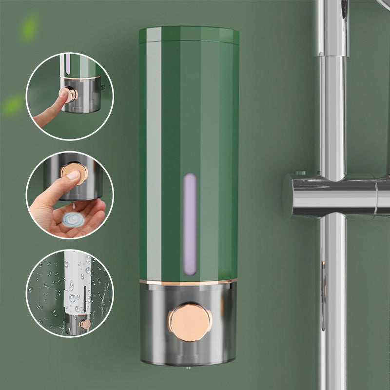 "Vit och mörkgrön väggmonterad tvålpump för dusch, elegant design med transparent sektion, 450 ml kapacitet, 22x6,5 cm."