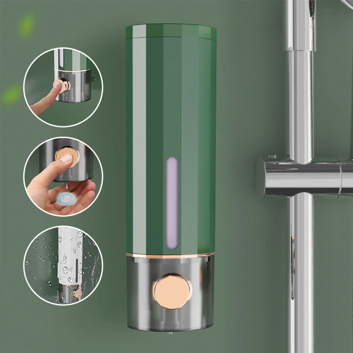 "Vit och mörkgrön väggmonterad tvålpump för dusch, elegant design med transparent sektion, 450 ml kapacitet, 22x6,5 cm."