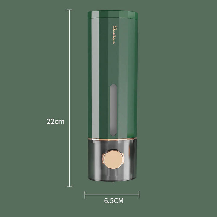 "Vit och mörkgrön väggmonterad tvålpump för dusch, elegant design med transparent sektion, 450 ml kapacitet, 22x6,5 cm."