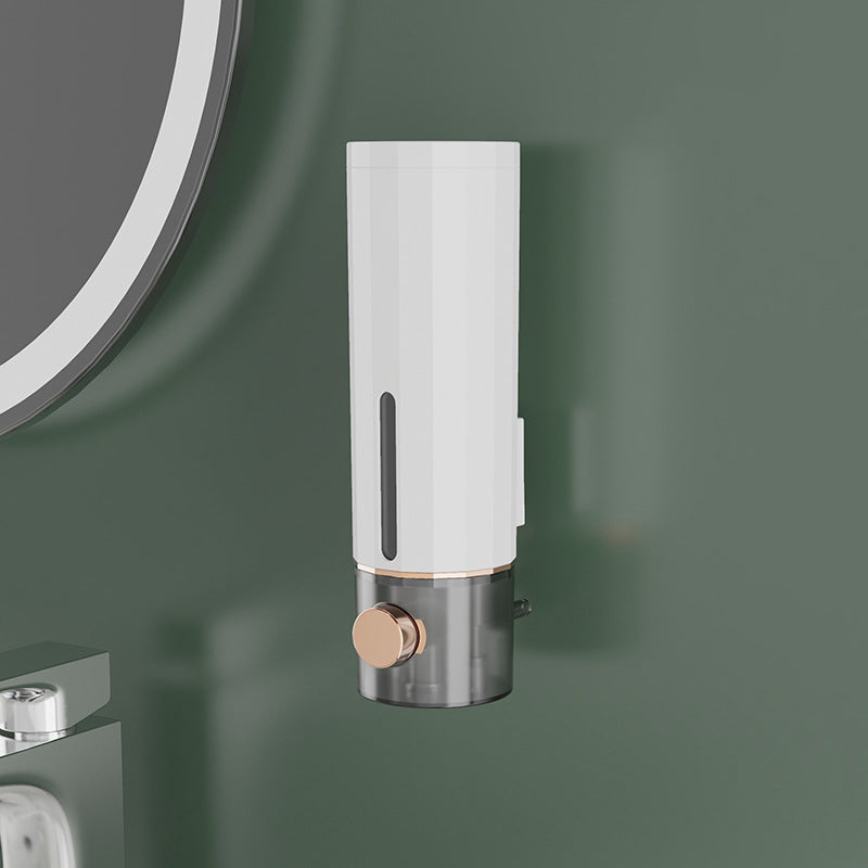 "Vit och mörkgrön väggmonterad tvålpump för dusch, elegant design med transparent sektion, 450 ml kapacitet, 22x6,5 cm."