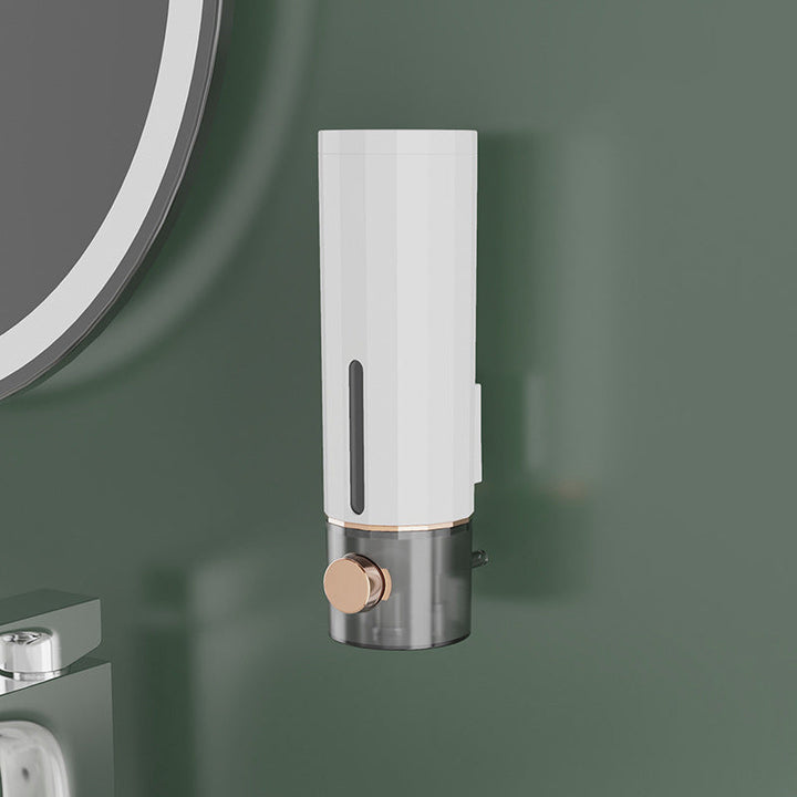 "Vit och mörkgrön väggmonterad tvålpump för dusch, elegant design med transparent sektion, 450 ml kapacitet, 22x6,5 cm."