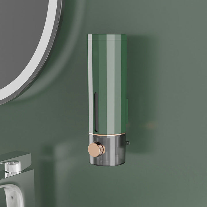 "Vit och mörkgrön väggmonterad tvålpump för dusch, elegant design med transparent sektion, 450 ml kapacitet, 22x6,5 cm."