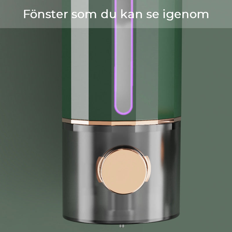 "Vit och mörkgrön väggmonterad tvålpump för dusch, elegant design med transparent sektion, 450 ml kapacitet, 22x6,5 cm."