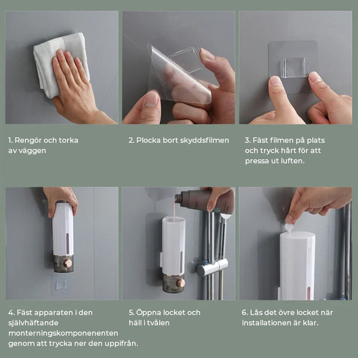 "Vit och mörkgrön väggmonterad tvålpump för dusch, elegant design med transparent sektion, 450 ml kapacitet, 22x6,5 cm."