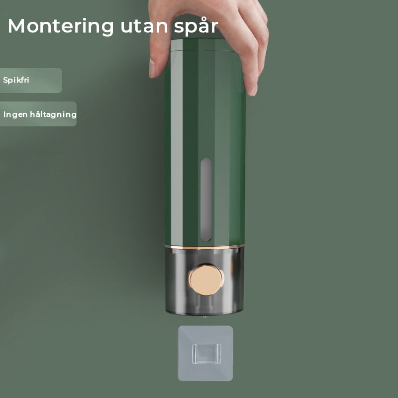 "Vit och mörkgrön väggmonterad tvålpump för dusch, elegant design med transparent sektion, 450 ml kapacitet, 22x6,5 cm."