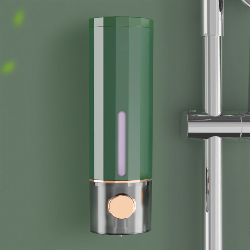"Vit och mörkgrön väggmonterad tvålpump för dusch, elegant design med transparent sektion, 450 ml kapacitet, 22x6,5 cm."
