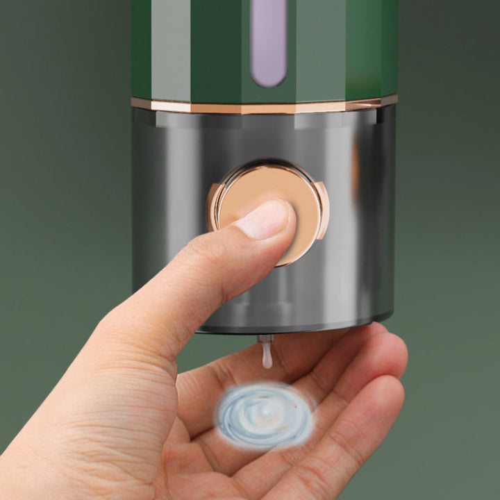 "Vit och mörkgrön väggmonterad tvålpump för dusch, elegant design med transparent sektion, 450 ml kapacitet, 22x6,5 cm."