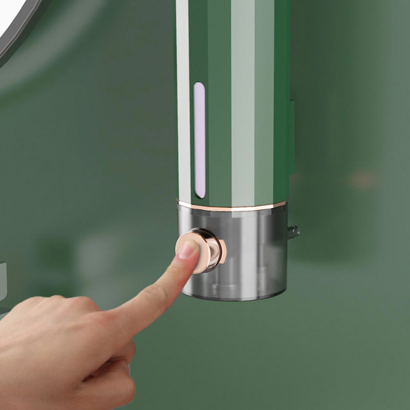 "Vit och mörkgrön väggmonterad tvålpump för dusch, elegant design med transparent sektion, 450 ml kapacitet, 22x6,5 cm."