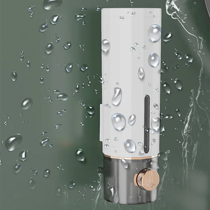 "Vit och mörkgrön väggmonterad tvålpump för dusch, elegant design med transparent sektion, 450 ml kapacitet, 22x6,5 cm."