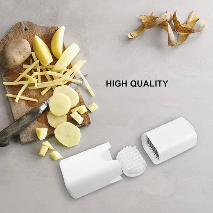 "Vit potatisrivare i ABS-material för enkel och snabb matberedning. Perfekt för att göra pommes frites och potatisvåfflor."