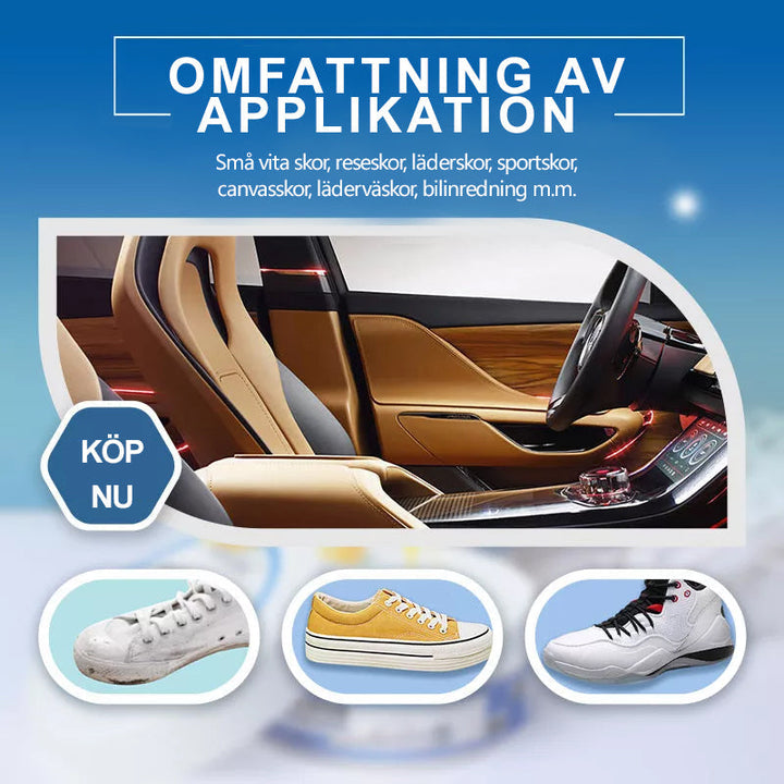 "Vit skokräm för effektiv rengöring, burk med glansigt innehåll, perfekt för vita och slitna skor, skonsam och effektiv."