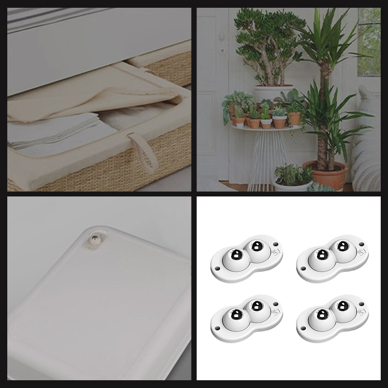 "Vita och svarta självhäftande mini 360° gummihjul; idealiska för enkel förflyttning av möbler och lådor i hemmet."