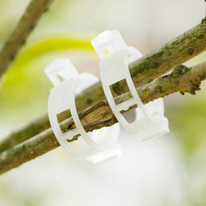 "Vita växtstödsklämmor i plast för trädgård, 7 cm långa, håller plantor upprätt och skyddar stjälkar, idealiska för tomater."