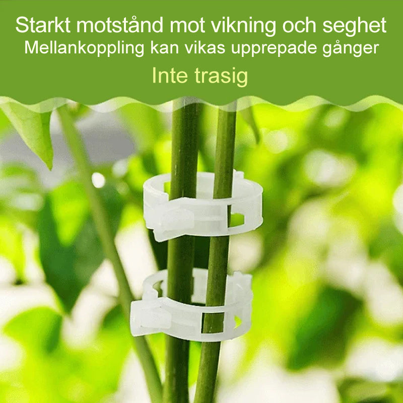"Vita växtstödsklämmor i plast för trädgård, 7 cm långa, håller plantor upprätt och skyddar stjälkar, idealiska för tomater."