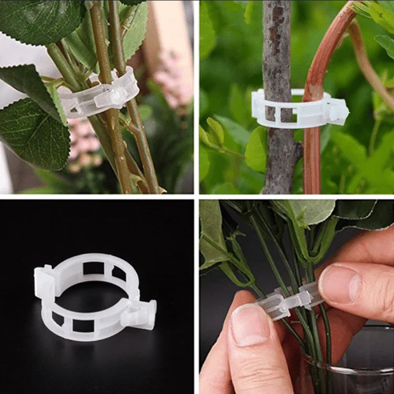 "Vita växtstödsklämmor i plast för trädgård, 7 cm långa, håller plantor upprätt och skyddar stjälkar, idealiska för tomater."