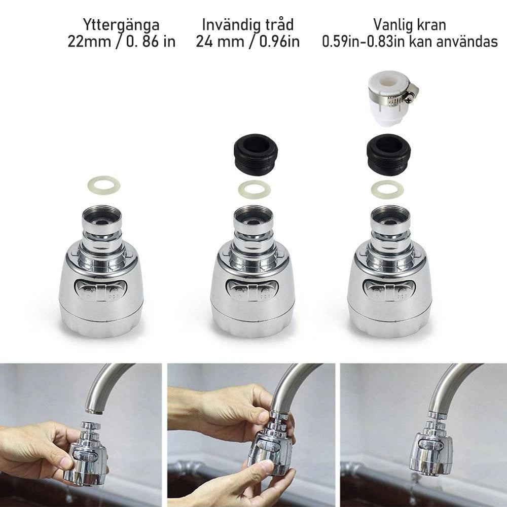 "Vridbar vattenbesparande kranmunstycke, 360°, silver, kök/badrum, justerbar vattenflöde för enkel rengöring"