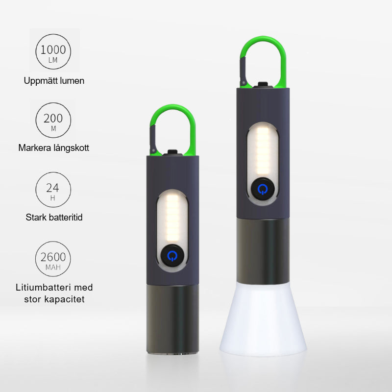 "Zoombar LED-ficklampa, kompakt design i silver, USB-C-laddning, fyra ljuslägen för utomhusäventyr, IP55-skydd."