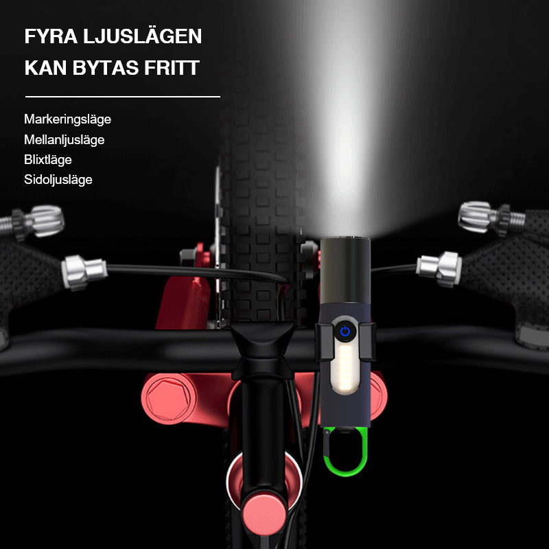 "Zoombar LED-ficklampa, kompakt design i silver, USB-C-laddning, fyra ljuslägen för utomhusäventyr, IP55-skydd."