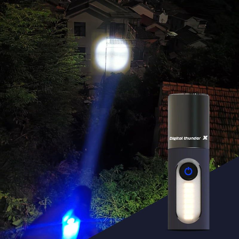 "Zoombar LED-ficklampa, kompakt design i silver, USB-C-laddning, fyra ljuslägen för utomhusäventyr, IP55-skydd."